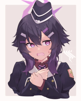 1girl absurdres black_jacket blue_archive commentary_request cropped_torso garrison_cap gehenna_academy_logo hair_ornament hairclip halo hands_up haruka_(blue_archive) hat highres jacket konntena long_sleeves looking_at_viewer purple_eyes purple_hair purple_halo red_shirt shirt simple_background solo