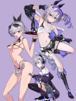 1girl bikini black_bikini black_gloves blowing_bubble_gum breasts chewing_gum commentary_request crossed_bangs drill_hair drill_ponytail fingerless_gloves fishnet_socks fishnets fur-trimmed_jacket fur_trim gloves goggles goggles_on_head grey_eyes grey_hair hair_between_eyes highres holding holding_tray honkai:_star_rail honkai_(series) jacket long_hair micro_bikini multiple_views navel purple-tinted_eyewear purple_background saint_laurent_paris shirt silver_wolf_(honkai:_star_rail) simple_background single-shoulder_shirt single_drill small_breasts socks solo swimsuit tinted_eyewear tray