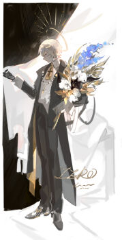 1boy absurdres ascot black_coat black_gloves black_pants blonde_hair blue_eyes blue_flower bouquet coat collared_shirt curtains flower frills full_body gloves hair_between_eyes halo highres holding holding_bouquet jewelry liulianjingrua long_sleeves male_focus open_clothes open_coat original pants shirt shoes short_hair solo standing white_shirt yellow_ascot