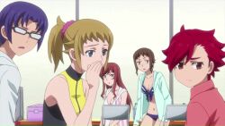 3boys 4girls animated anime_screenshot ass audible_speech bikini black_male_swimwear black_swim_trunks blonde_hair blue_bikini blue_bow blue_eyes blue_hair blue_male_swimwear blue_swim_trunks blush bow bow_bikini breasts brown_hair cleavage clenched_hands collarbone crossed_legs dark-skinned_male dark_skin drawstring english_audio funaki_satomi glasses green_eyes gundam gundam_build_fighters gundam_build_fighters_try highres hoshino_fumina kamiki_mirai kamiki_sekai kousaka_yuuma legs male_swimwear medium_breasts multicolored_male_swimwear multicolored_swim_trunks multicolored_swimsuit multiple_boys multiple_girls navel print_bikini print_swimsuit red_eyes red_hair red_male_swimwear red_swim_trunks smile sound striped_bikini striped_bikini_top striped_clothes sunrise_(company) sweat swim_trunks swimsuit tagme taku_(gundam_build_fighters_try) tankini thighs towel video white_bikini yellow_bikini