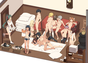 1boy 4futa 6+girls admiral_(kancolle) atago_(kancolle) black_hair black_thighhighs breasts brown_hair censored character_request chikuma_(kancolle) clock clothes_pull commentary_request completely_nude couch fellatio female_pubic_hair flat_chest futa_with_female futanari futon green_hair grey_hair group_sex handjob hetero highres i-400_(kancolle) i-401_(kancolle) indoors irako_(kancolle) ise_(kancolle) kagerou_(kancolle) kantai_collection large_breasts loli long_hair looking_at_another lying maikaze_(kancolle) medium_breasts multiple_futa multiple_girls naka_(kancolle) nipples nowaki_(kancolle) nude on_floor one-piece_swimsuit one-piece_swimsuit_pull one-piece_tan oral orange_hair orgy penis pillow pubic_hair pussy sex short_hair single_thighhigh small_breasts standing swimsuit takemura_sessyu tan tanline thighhighs topless_female tsushima_(kancolle) unworn_clothes used_tissue vaginal white_thighhighs wooden_floor