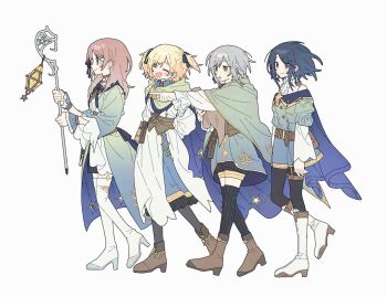 4girls :d ^_^ aogu_yozora_ni_hoshi_wa_magirete_(project_sekai) bare_shoulders black_pantyhose black_shorts black_thighhighs blonde_hair blue_coat blue_eyes blue_hair blue_skirt boots brown_boots brown_hair closed_eyes coat cocov commentary frilled_skirt frills gradient_coat gradient_hair green_coat grey_eyes grey_hair high_heel_boots high_heels highres hinomori_shiho holding hoshino_ichika_(project_sekai) knee_boots leo/need_(project_sekai) long_sleeves mochizuki_honami multicolored_hair multiple_girls official_alternate_costume official_alternate_hair_length official_alternate_hairstyle open_mouth orange_hair pantyhose project_sekai ribbed_thighhighs shirt shorts skirt sleeveless sleeveless_shirt smile symbol-only_commentary tenma_saki thigh_boots thighhighs two_side_up walking white_boots white_shirt