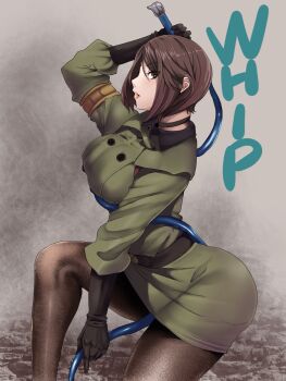 Rule 34 | 1girl, belt, breasts, brown eyes, brown hair, brown pantyhose, choker, cholesenel, commentary request, gloves, highres, holding, holding whip, large breasts, lips, looking at viewer, military uniform, open mouth, pantyhose, short hair, snk, solo, the king of fighters, whip, whip (kof)