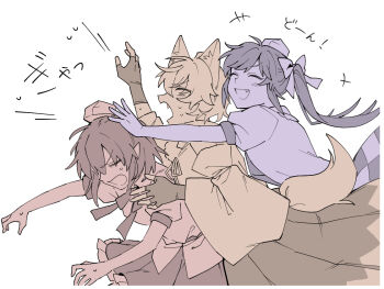 Rule 34 | 3girls, animal ear fluff, animal ears, blush, bow, checkered clothes, checkered skirt, closed eyes, closed mouth, commentary request, detached sleeves, fang, fingerless gloves, frilled skirt, frills, gloves, hair bow, hat, himekaidou hatate, inubashiri momiji, missing wings, multiple girls, open mouth, puffy short sleeves, puffy sleeves, sakic43899, shameimaru aya, shirt, short hair, short sleeves, simple background, skirt, smile, sweat, tail, tengu family of gensokyo (touhou), tokin hat, touhou, translation request, white background, wolf ears, wolf girl, wolf tail