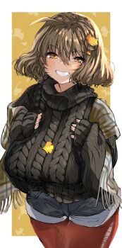 1girl ahoge alternate_costume anis_(nikke) black_sweater blue_shorts border breasts brown_eyes brown_hair cable_knit cat_hair_ornament commentary_request denim denim_shorts ginkgo_leaf goddess_of_victory:_nikke grin hair_ornament highres hii_(motorholic) large_breasts leaf leggings leggings_under_shorts long_sleeves looking_at_viewer short_hair short_shorts shorts sleeves_past_wrists smile solo sweater torn_clothes torn_leggings turtleneck turtleneck_sweater white_border yellow_background