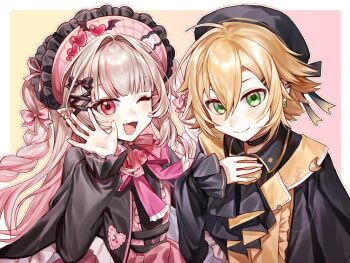 Rule 34 | 1boy, 1girl, ;d, ameko (ecko 13z), ascot, black ascot, black capelet, black hat, black ribbon, black shirt, black sleeves, blonde hair, blunt bangs, blush, bonnet, border, bow, brooch, capelet, chinstrap, closed mouth, collared shirt, colored inner hair, dress, drill hair, earclip, earrings, fang, flipped hair, frilled bonnet, frilled capelet, frilled dress, frilled sleeves, frills, gradient background, green eyes, grey hair, hair between eyes, hair intakes, hair ornament, hair ribbon, hairpin, hand on own chest, hat, heart, highres, jewelry, long hair, long sleeves, looking at viewer, magical boy, magical girl, makaino ririmu, multicolored hair, neck ribbon, nijisanji, official alternate costume, official alternate hairstyle, one eye closed, open mouth, outside border, pink background, pink bow, pink dress, pink hair, pink ribbon, pink streaks, pointy ears, puffy long sleeves, puffy sleeves, red eyes, red ribbon, ribbon, shirt, short hair, sidelocks, smile, standing, streaked hair, two-tone hair, two side up, upper body, uzuki kou, variant set, vest, virtual youtuber, waving, white border, winged heart, x hair ornament, yellow background, yellow vest