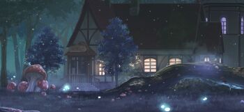 building chimney fireflies forest game_cg glowing glowing_mushroom grass kirisame_magic_shop mushroom nature no_humans non-web_source official_art outdoors plant_roots scenery stairs touhou touhou_gensou_eclipse tree window