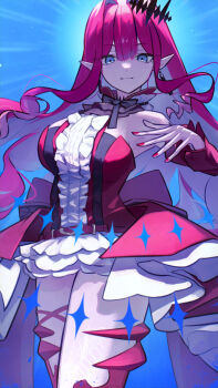 1girl baobhan_sith_(fate) baobhan_sith_(first_ascension)_(fate) bare_shoulders breasts center_frills detached_collar detached_sleeves dress earrings fate/grand_order fate_(series) frills grey_eyes highres jewelry large_breasts long_hair looking_at_viewer pink_hair pointy_ears red_dress sidelocks smile solo thighhighs tiara upsilon3219