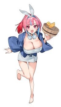 1girl bare_legs barefoot bath_yukata blue_hair blush bow bowtie breasts bucket cleavage colored_inner_hair commentary_request fang full_body highres japanese_clothes kanan-sama_wa_akumade_choroi kanan_(kanan-sama) kimono large_breasts leaning_forward looking_at_viewer loose_bowtie medium_hair multicolored_hair nonco open_mouth pink_eyes pink_hair pointy_ears polka_dot polka_dot_bow polka_dot_bowtie ponytail rubber_duck sidelocks solo standing standing_on_one_leg streaked_hair thigh_gap towel white_background wooden_bucket yukata