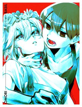 Rule 34 | 2boys, basil (headspace) (omori), basil (omori), character name, collarbone, double-parted bangs, flower, flower wreath, hair between eyes, hand on another's neck, head wreath, highres, limited palette, looking at another, lower teeth only, male focus, multiple boys, omori, omori (omori), open mouth, overalls, parted lips, shioya (shioya omo), shirt, short hair, short sleeves, sidelocks, t-shirt, tank top, teeth, tongue