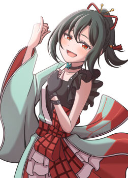 1girl :d black_choker black_gloves black_hair black_shirt blush bow butterfly_choker choker collarbone commentary_request cowboy_shot drop_shadow fang fingerless_gloves frilled_shirt frilled_skirt frills front_bow ganbarai gloves green_kimono hadanugi_dousa highres itoshiki_yume_yo_izanaite japanese_clothes kimono long_sleeves looking_at_viewer love_live! love_live!_nijigasaki_high_school_idol_club love_live!_nijigasaki_high_school_idol_club_the_movie_-_finale medium_hair mifune_shioriko miniskirt open_kimono open_mouth orange_eyes ponytail red_bow red_sash sash shirt simple_background single_fingerless_glove single_glove skirt sleeveless sleeveless_shirt smile solo white_background white_skirt