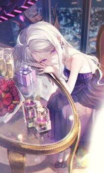 1girl adversarial_noise black_halo blue_archive box candle chair champagne_flute cup demon_girl demon_horns dress drinking_glass earrings flower gift gift_box glass_table halo high_heels hina_(blue_archive) hina_(dress)_(blue_archive) horns indoors jewelry leaning_on_table light_smile long_hair necklace off_shoulder official_alternate_costume on_chair ouri_(aya_pine) pearl_necklace purple_dress purple_eyes purple_halo rose signature sitting skyline slit_pupils solo table very_long_hair white_hair window