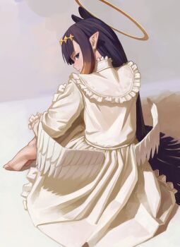 Rule 34 | 1girl, absurdres, alternate costume, barefoot, blue eyes, blunt bangs, center-flap bangs, closed mouth, commentary, diamond hairband, dress, feathered wings, frilled dress, frills, from behind, full body, gradient hair, hair spread out, halo, hashtag-only commentary, highres, hololive, hololive english, imfa46, long dress, long hair, looking at viewer, looking back, low wings, multicolored hair, ninomae ina'nis, orange hair, pointy ears, purple hair, sidelocks, sitting, soles, solo, tentacle hair, very long hair, virtual youtuber, white dress, white wings, wings, wings through clothes
