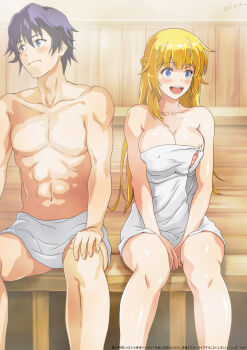 Rule 34 | 1boy, 1girl, abs, black hair, blonde hair, blue eyes, blush, braid, breasts, closed mouth, commentary request, feet on table, half up braid, highres, large breasts, long hair, naked towel, nipple slip, nipples, nolia, open mouth, red (shin no nakama), rit (shin no nakama), sauna, shin no nakama janai to yuusha no party wo oidasareta no de henkyou de slow life suru koto ni shimashita, sitting, smile, steam, teeth, topless male, towel, translation request, upper teeth only
