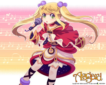 Rule 34 | 2001, :o, anklet, artist request, asgard, bard (asgard), beamed eighth notes, bf. (sogogiching), black sandals, blonde hair, cape, choker, copyright name, copyright notice, cross-laced clothes, cross-laced legwear, dated, eighth note, feet out of frame, gladiator sandals, gradient background, gradient eyes, green eyes, green pupils, hair bobbles, hair ornament, halftone, halftone background, holding, holding microphone, hood, hood down, jewelry, knee blush, light blush, logo, long hair, long sidelocks, medium skirt, microphone, multicolored eyes, musical note, nexon, o-ring, official art, official wallpaper, open mouth, outline, petticoat, pink background, purple eyes, red cape, red choker, red hood, sandals, second-party source, shirt, sidelocks, sixteenth note, skirt, sleeve cuffs, sparkling clothes, twintails, two-sided capelet, two-sided fabric, two-sided hood, two-sided skirt, two-sided sleeves, white outline, white shirt, white skirt, white sleeves, whole note, yellow background