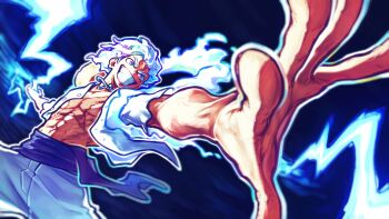 >:) 1boy absurdres alternate_form cardigan cloud_hair curly_eyebrows devil_fruit_power facial_scar foreshortening gear_fifth grin hagoromo hat hat_on_back highres holding_lightning_bolt jacket male_focus monkey_d._luffy nominoparadox one_piece open_cardigan open_clothes outstretched_arm purple_sash sash scar scar_on_cheek scar_on_chest scar_on_face shawl short_hair smile straw_hat teeth toned toned_male unbuttoned v-shaped_eyebrows white_jacket