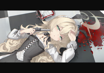 Rule 34 | 1girl, alternate costume, animal ears, black corset, black dress, black ribbon, blonde hair, blood, blood bag, blue archive, breasts, ciza gomi, commentary, corset, dress, fake animal ears, flower, green eyes, gun, hair intakes, halo, handgun, highres, holding, holding gun, holding weapon, jewelry, key, key necklace, letterboxed, long hair, lying, narrowed eyes, neck ribbon, necklace, on back, on floor, petals, professor niyaniya (blue archive), rabbit ears, red flower, red rose, ribbon, rose, rose petals, small breasts, tile floor, tiles, very long hair, wavy hair, weapon, white sleeves