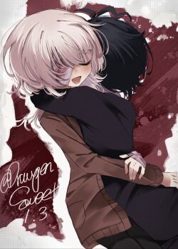 Rule 34 | 2boys, :d, akinashi haru, bandage over one eye, bandaged wrist, bandages, black hair, black jacket, brown cardigan, cakeverse, cardigan, chinese commentary, closed eyes, commentary request, cowboy shot, drapensweet1102, highres, hug, jacket, male focus, medium hair, multiple boys, open mouth, saihate eki, short hair, smile, tatsunami shion, white hair