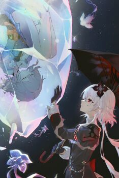 2girls absurdres black_dress black_gloves black_umbrella blue_jacket commentary_request dress dual_persona evernight_(honkai:_star_rail) feet_out_of_frame fetal_position gloves hair_between_eyes hair_ornament highres holding holding_umbrella honkai:_star_rail honkai_(series) ice_crystal jacket long_hair long_sleeves looking_at_another low_twintails march_7th_(honkai:_star_rail) march_7th_(preservation)_(honkai:_star_rail) medium_hair multiple_girls official_alternate_eye_color pink_hair red_eyes shirt sleeping star_(sky) starry_sky_background tanji_maketu tied_jacket twintails umbrella upside-down very_long_hair white_shirt