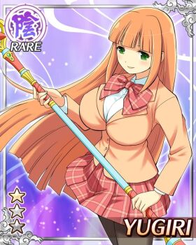 1girl :d black_pantyhose border bow bowtie breasts card_(medium) english_text game_cg green_eyes hime_cut holding holding_microphone_stand jacket large_breasts looking_at_viewer microphone_stand non-web_source official_alternate_costume official_art open_mouth orange_hair orange_jacket pantyhose plaid_bow plaid_bowtie plaid_clothes plaid_skirt red_bow red_bowtie red_skirt school_uniform senran_kagura senran_kagura_new_wave skirt smile solo yugiri_(senran_kagura)