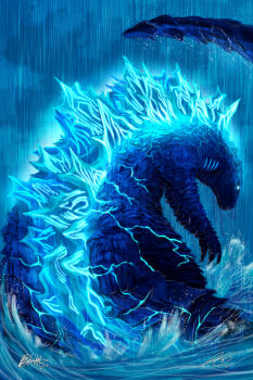 absurdres blue_eyes claws cloud cloudy_sky dinosaur giant giant_monster gills glowing glowing_eyes glowing_gills glowing_spikes glowing_veins godzilla godzilla:_king_of_the_monsters godzilla_(series) highres kaiju legendary_pictures monster monsterverse night no_humans no_pupils ocean overcast pyrasterran rain sea_monster sky spikes splashing storm tail toho veins water waves