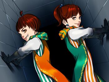 1boy 1girl brother_and_sister brown_eyes brown_hair cape closed_mouth earrings final_fantasy final_fantasy_iv hiromyan jewelry looking_at_viewer palom ponytail porom scene_reference short_hair siblings smile spoilers twins