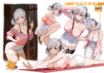 1girl absurdres adjusting_clothes adjusting_shoe alternate_costume arm_at_side arm_behind_back ass bare_arms bare_legs between_breasts black_bra black_ribbon black_thighhighs bra bra_peek breasts burger cleavage closed_mouth clothing_cutout cropped_legs curvy dolphin_shorts dongtan_dress door dot_mouth dot_nose dress exercising food french_fries frilled_shirt frills girls&#039;_frontline hair_ribbon hand_on_own_thigh hand_up hands_up high_heels highres jacket ketchup knee_up large_breasts leaning_forward leg_up long_sleeves looking_at_viewer looking_down low_neckline lying multiple_views o-ring o-ring_bra off-shoulder_shirt off_shoulder on_stomach one_eye_closed open_clothes open_jacket open_mouth outstretched_arms pink_jacket pink_shirt pink_tube_top pleated_skirt red_eyes ribbon sandals shirt shoes short_sleeves shorts simple_background skirt smile spaghetti_strap spas-12_(girls&#039;_frontline) spas-12_(mod3)_(girls&#039;_frontline) strap_between_breasts strapless strapless_shirt strappy_heels teeth terras thighhighs toes tube_top turning_head twintails underwear upper_teeth_only white_background white_dress white_hair white_shorts white_skirt yoga_mat zettai_ryouiki