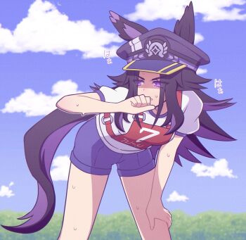 1girl absurdres animal_ears black_hair blue_sky cloud commentary_request ears_through_headwear fenomeno_(umamusume) flipped_hair grass hat highres horse_ears horse_girl horse_tail horseshoe_hat_ornament horseshoe_ornament long_hair multicolored_hair outdoors peaked_cap purple_eyes purple_hair purple_shorts race_bib shirt short_sleeves shorts sky sweat tail umamusume w3n6e white_shirt
