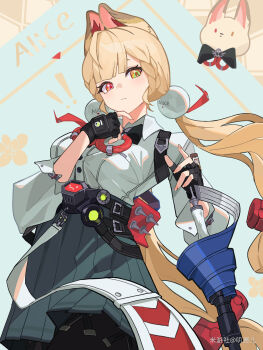 ! !! 1girl absurdres alice_thymefield animal_ear_fluff animal_ears belt black_gloves black_pantyhose blonde_hair blue_background breasts character_name chest_bow closed_mouth commentary_request cowboy_shot fingerless_gloves fingernails gloves green_skirt hair_ornament hand_on_own_chin heterochromia highres holding holding_sword holding_weapon jizaier long_hair looking_to_the_side low_twintails medium_breasts pantyhose rabbit_ears rabbit_girl red_eyes shirt skirt sleeves_rolled_up solo sphere_hair_ornament sword twintails weapon white_shirt yellow_eyes zenless_zone_zero