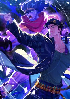 1boy 1other black_hair blue_eyes blue_hat blue_jacket blue_pants blue_shirt closed_mouth collarbone colored_skin commentary cowboy_shot hand_up hashtag-only_commentary hat highres jacket jojo_no_kimyou_na_bouken jojo_pose kujo_jotaro&#039;s_pose kuujou_joutarou long_sleeves male_focus multiple_boys muscular muscular_male nefula14 open_clothes open_jacket open_mouth pants pointing purple_skin red_scarf scarf shirt short_hair stand_(jojo) star_platinum stardust_crusaders watermark