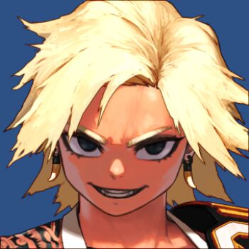 1girl belt black_eyes blonde_hair blue_background cropped dgk earrings jewelry looking_at_viewer lowres original over_shoulder parted_lips short_hair simple_background smile solo tattoo teeth tooth_earrings wrestler