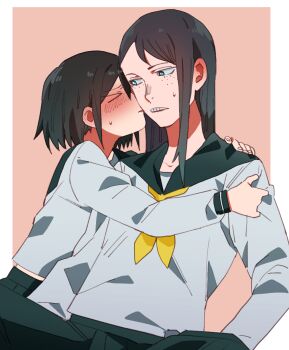 Rule 34 | 2girls, asakusa midori, black hair, blush, commentary, eizouken ni wa te wo dasu na!, freckles, highres, kanamori sayaka, long hair, multiple girls, neckerchief, school uniform, serafuku, short hair, takao (88499191), teeth, yellow neckerchief, yuri