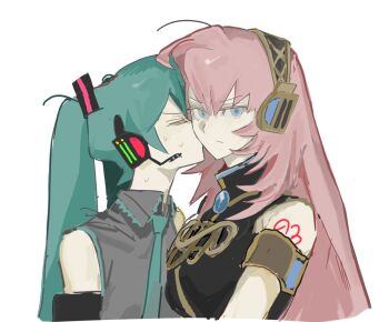 2girls arm_tattoo baejaan0 blue_eyes blue_hair commentary detached_sleeves hatsune_miku headset highres kiss kissing_cheek looking_at_viewer megurine_luka multiple_girls necktie pink_hair symbol-only_commentary tattoo twintails upper_body vocaloid white_background yuri