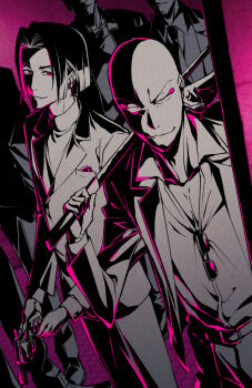 5boys ayasegawa_yumichika bald bleach commentary_request ear_piercing earrings eyeliner eyewear_hang facial_hair formal_clothes goatee gun handgun holding holding_gun holding_sword holding_weapon jewelry lido_an0 limited_palette madarame_ikkaku makeup male_focus multiple_boys necktie pectoral_cleavage pectorals piercing pink_eyeliner pink_eyes revolver smile suit sunglasses sword turtleneck unworn_eyewear weapon