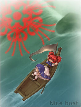 Rule 34 | 1girl, boat, female focus, meme, nice boat (meme), onozuka komachi, red hair, sankuma, scythe, sleeping, solo, touhou, water, watercraft, waterfall