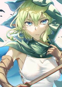 1girl absurdres blonde_hair blue_eyes breasts brown_gloves cape closed_mouth dungeon_ni_deai_wo_motomeru_no_wa_machigatteiru_darou_ka elbow_gloves elf falling_petals gloves green_cape green_hair green_hood highres hood hood_up hooded_cape light_smile looking_at_viewer medium_breasts noshiro_tomoya petals pointy_ears ryu_lion shirt short_hair simple_background sleeveless sleeveless_shirt solo sword upper_body weapon white_shirt wooden_sword