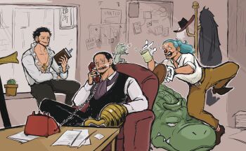 3boys ascot bananawani_(one_piece) beard beard_stubble black_hair blue_hair book buggy_the_clown cigar closed_mouth corded_phone crocodile_(one_piece) cross_pendant dracule_mihawk f4ylu facial_hair gloves hair_slicked_back highres holding holding_book holding_phone hook_hand jewelry multiple_boys mustache one_eye_closed one_piece paper phone ponytail purple_ascot red_nose ring shirt sitting smoke stitched_face stitches stubble tripping white_gloves white_shirt