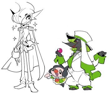 Rule 34 | 1girl, 2015, 2boys, animal ears, ball, blue hair, boots, cape, clown nose, coat, collarbone, collared shirt, commentary, diamond (shape), diamond print, dog ears, english commentary, eyebrows hidden by hair, frilled shirt, frills, full body, furfrou, furfrou (dandy), gallade, gen 4 pokemon, gen 6 pokemon, gloves, green hair, green necktie, green shirt, half-closed eyes, hat, high heel boots, high heels, holding, holding ball, humanization, long sleeves, mega gallade, mega pokemon, mime jr., monochrome, monoka, motojima hakka, multiple boys, necktie, nintendo, pauldrons, pokemon, pokemon (creature), pokemon focus, prince, red eyes, shirt, short hair, shoulder armor, simple background, smile, sparkle, spot color, standing, striped clothes, striped shirt, white background, white coat, white fur, wrist cuffs