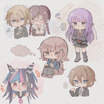 1boy 4girls black_hair black_jacket black_skirt blonde_hair blue_eyes blue_hair braid brown_hair chayucha_o0 crossed_arms d: danganronpa:_trigger_happy_havoc danganronpa_(series) danganronpa_2:_goodbye_despair fukawa_toko glasses hair_horns jacket kirigiri_kyoko long_hair medium_hair miniskirt mioda_ibuki multicolored_hair multiple_girls nanami_chiaki open_clothes open_jacket open_mouth pink_hair pleated_skirt skirt togami_byakuya twin_braids twintails white_hair