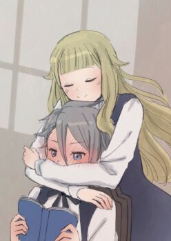 Rule 34 | 2girls, ange (princess principal), black ribbon, blonde hair, blue dress, blush, book, dress, full-face blush, grey hair, highres, holding, holding book, hug, hug from behind, long hair, multiple girls, neck ribbon, princess (princess principal), princess principal, ribbon, shirt, short hair, white shirt, xin (blueramen), yuri