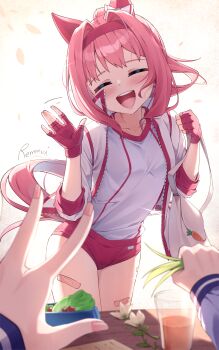 2girls ^_^ absurdres animal_ears artist_name buruma closed_eyes commentary ear_covers female_pov fingerless_gloves gloves hair_intakes hand_up haru_urara_(bestest_prize)_(umamusume) haru_urara_(umamusume) headband highres horse_ears horse_girl horse_tail jacket long_hair maeru multiple_girls open_clothes open_jacket open_mouth pink_hair pink_tail ponytail pov red_buruma red_gloves red_headband school_uniform shirt simple_background smile tail tracen_school_uniform umamusume white_background white_jacket white_shirt