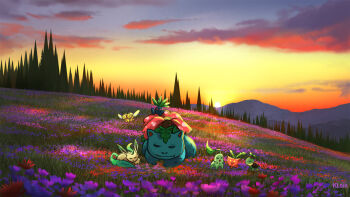 chikorita closed_eyes cloud combee commentary dawn english_commentary flower forest gen_1_pokemon gen_2_pokemon gen_4_pokemon grass grasslands hoppip kloir landscape leafeon mountainous_horizon nature nintendo painterly pokemon pokemon_(creature) purple_flower red_flower scenery sky sleeping sun sunlight sunset tree turtwig venusaur yellow_sky