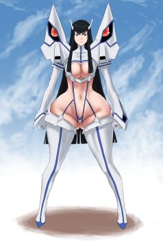 1girl ass black_hair blue_eyes blue_sky boots breasts cleavage_cutout closed_mouth clothing_cutout cloud full_body gloves gluteal_fold highres junketsu kill_la_kill kiryuuin_satsuki large_breasts long_hair long_sleeves matsumaruyama navel revealing_clothes sky solo standing thick_eyebrows thick_thighs thigh_boots thighs white_gloves wide_hips