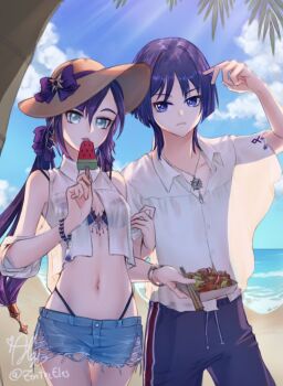 1boy 1girl alternate_costume alternate_hairstyle aqua_eyes arm_cutout arm_up beach bikini blue_bikini blue_shorts blue_sky blunt_bangs blunt_ends bow bracelet brown_hat chain chain_necklace choppy_bangs chopsticks closed_mouth clothing_cutout cloud cloudy_sky collarbone collared_shirt contemporary cropped_shirt denim denim_shorts drawstring earrings eyelashes eyeliner eyeshadow food genshin_impact hair_between_eyes hair_bow hat hat_bow hat_ornament holding holding_food holding_popsicle jewelry licking_food locked_arms long_hair looking_at_viewer low_twintails makeup midriff mona_(genshin_impact) navel necklace outdoors parted_bangs pendant ponytail_holder popsicle purple_bow purple_eyes purple_shorts red_eyeliner red_eyeshadow red_trim scaramouche_(genshin_impact) see-through_clothes see-through_shirt shirt shore short_sleeves shorts signature sky standing star_(symbol) star_earrings star_hat_ornament star_ornament sun_hat swimsuit thong_bikini tongue tongue_out tree twintails twitter_username watermelon_bar white_shirt white_sleeves white_trim yakisoba zentreeles