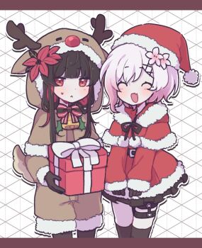 2girls :d alternate_costume animal_costume antlers bell black_hair box capelet christmas closed_eyes cowboy_shot deer_hood deer_tail dress fake_antlers fang flower fur-trimmed_capelet fur-trimmed_dress fur-trimmed_headwear fur_trim gift gift_box hair_ornament hashtag-only_commentary hat holding holding_gift hood hood_up horns letterboxed long_hair long_sleeves looking_at_viewer mahou_shoujo_no_majo_saiban multicolored_hair multiple_girls neck_bell nikaido_hiro open_mouth pink_hair red_capelet red_dress red_flower reindeer_antlers reindeer_costume sakuraba_ema santa_costume santa_dress santa_hat short_hair skin_fang smile standing sweatdrop tail white_hair x_hair_ornament yeolomang