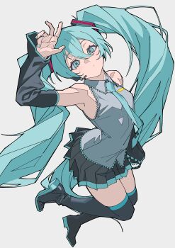1girl absurdres aqua_eyes aqua_hair aqua_nails aqua_necktie arm_up bare_shoulders black_boots black_skirt boots commentary detached_sleeves grey_background hair_between_eyes hatsune_miku highres long_hair looking_at_viewer nail_polish necktie nyokki763 pleated_skirt shirt simple_background skirt sleeveless sleeveless_shirt solo thigh_boots twintails very_long_hair vocaloid