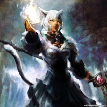animal_ears blind cat_ears cat_girl cat_tail commentary dark-skinned_female dark_skin dissidia_duellum_final_fantasy dissidia_final_fantasy dress english_commentary facial_mark final_fantasy final_fantasy_xiv fur-trimmed_dress fur_trim highres holding holding_staff itahana_toshiyuki mage_staff official_art short_hair smile staff tail whisker_markings white_hair y'shtola_rhul