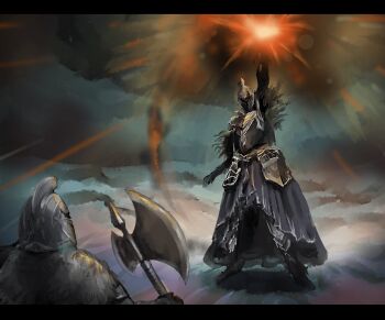 1boy 1other aby ambiguous_gender arm_up armor axe bearer_of_the_curse black_armor black_cape black_pants breastplate cape commentary_request dark_souls_(series) dark_souls_ii full_armor full_body fume_knight fur_collar helm helmet highres holding holding_axe knight letterboxed pants standard_bearer standing waist_cape