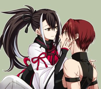 1boy 1girl bare_shoulders black_eyes black_hair blush earrings fate/grand_order fate_(series) harada_sanosuke_(fate) hetero jewelry kawakami_gensai_(fate) long_hair long_sleeves multicolored_hair ponytail red_hair scar short_hair sigururu sleeveless white_hair