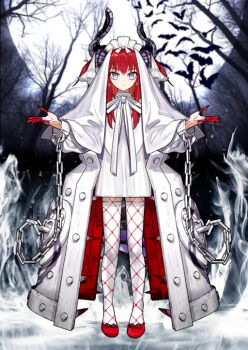 1girl asymmetrical_horns bat_(animal) black_horns blood blue_eyes bow chain closed_mouth cuffs dragon_girl dragon_horns dragon_tail dress elizabeth_bathory_(fate) elizabeth_of_the_end_(fate) expressionless fate/grand_order fate_(series) fingernails fishnets_over_socks full_body full_moon game_cg hands_up horns iron_maiden long_hair long_sleeves looking_at_viewer moon official_art overskirt red_hair red_nails red_shoes ribbon shoes short_dress solo symmetry tail thighhighs third-party_source uneven_horns veil wada_arco white_bow white_dress white_headdress white_ribbon white_thighhighs white_veil
